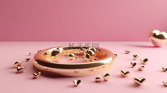 现代 3D 渲染简约的爱情符号，金色的心漂浮在粉色圆孔背景上，适合情人节
