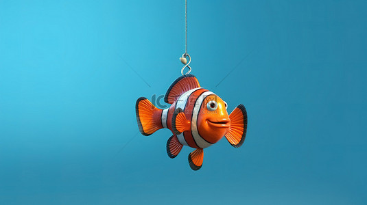 3D 渲染的卡通小丑鱼在红海中凝视着蓝色背景下的鱼钩