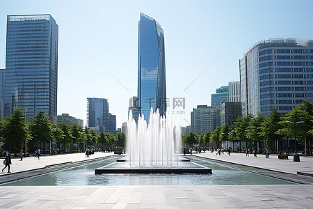 大型广场背景图片_喷泉周围有大型摩天大楼和高层建筑的大广场