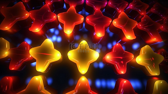 动态俱乐部风格 3D 插图令人惊叹的霓虹灯黄色和红色星星在抽象背景上