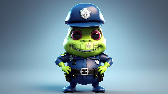 穿着警察制服的欢快的 3D 动画青蛙