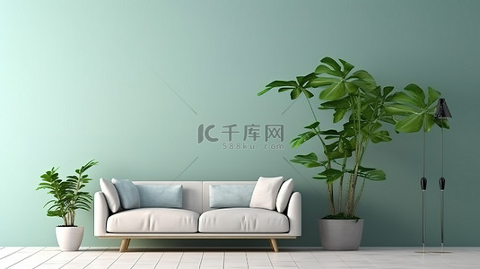 现代生活空间，配有沙发边桌绿色墙壁和 3D 渲染的郁郁葱葱的植物