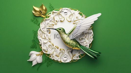 华丽的 3D 艺术品，具有白色蜂鸟轮廓，周围环绕着充满活力的绿色复古图案