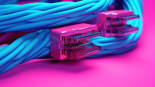 紫红色电缆在柔和的蓝色背景上交织在一起，连接概念的 3D 渲染