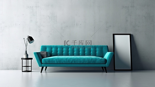 当代客厅内部的 3D 渲染，配有蓝色沙发和空墙