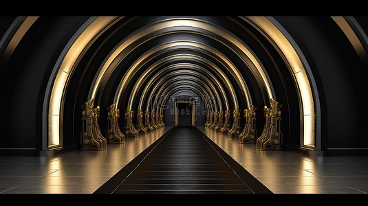 节日拱门背景图片_金色屏障 VIP 门入口走道拱门在长隧道中，有拱门和黑地毯 3D 渲染