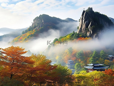 秋天旅游背景图片_首尔秋季山景有雾