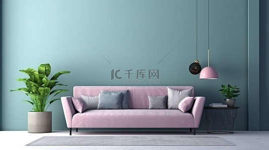 绿色墙壁上的 3D 渲染海报，采用时尚的时髦内饰，配有别致的紫罗兰色沙发和简约的白色桌子