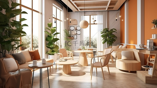 干净背景图片_现代咖啡店或客厅的干净 3D 渲染