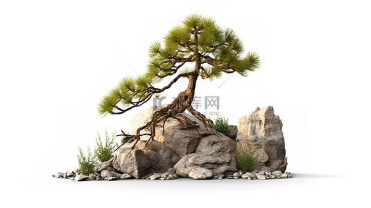 松树剪影背景图片_白色背景 3D 渲染石头中栩栩如生的松树