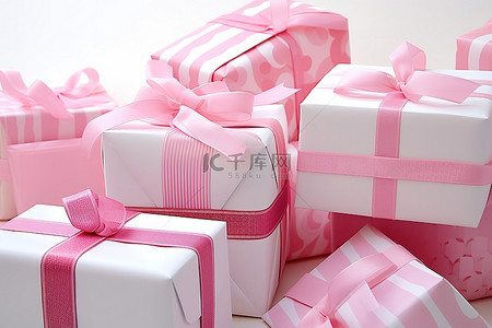 白色表面上有一条粉色丝带，上面有许多粉色盒子