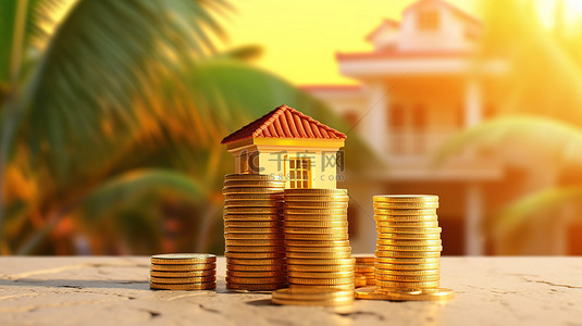 金色背景，带有一堆硬币和房屋，描绘 3D 房地产投资或住房贷款概念