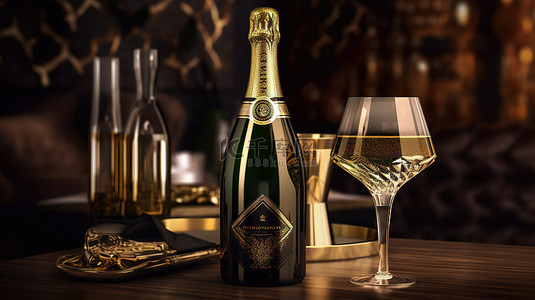 香槟瓶和玻璃样机海报的 3D 渲染