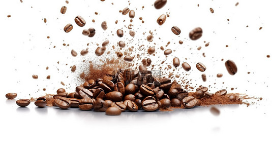 咖啡豆在白色背景上爆裂的 3d 渲染