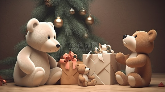 可爱兔子红色背景图片_圣诞节场景 3D 渲染节日兔子和熊在装饰树前拿着礼物