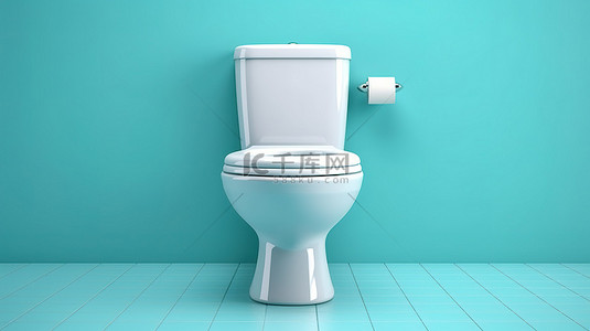 卫生卫生背景图片_绿松石背景上带有陶瓷白色马桶的细长冲洗阀抽水马桶厕所的 3D 渲染