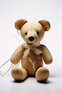 玩具熊背景图片_木制毛绒玩具熊和用 sappytail 快乐花呢制成的蝴蝶结