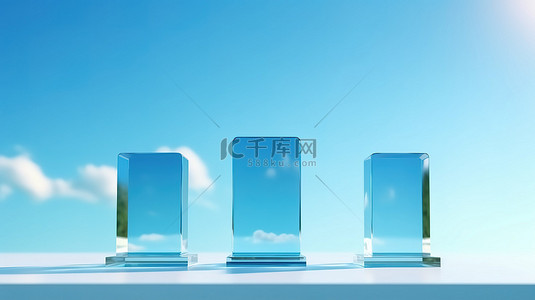 以 3D 背景和蓝天玻璃态射展示的垂直广告和促销活动
