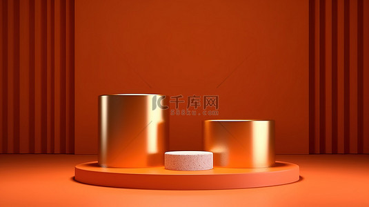 壁纸线条背景图片_带金线装饰和墙壁的亮橙色圆柱讲台上豪华产品的垂直 3D 显示