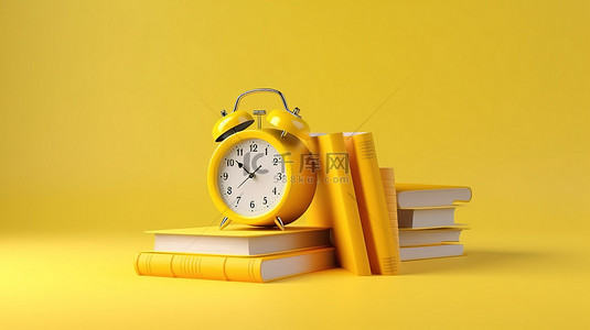 一个充满活力的黄色闹钟的 3d 渲染，重点是教育，包括一摞书和一支铅笔，用于您的下一个模型设计