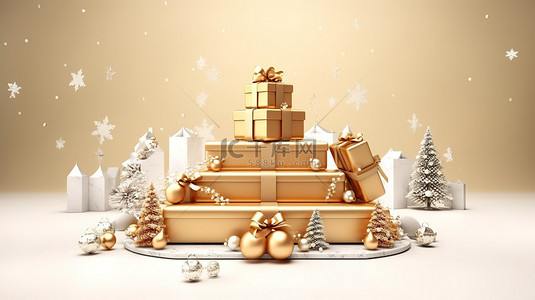 圣诞主题讲台上装饰着 3D 铃铛礼品盒和雪花