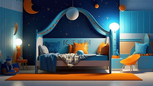 俏皮的儿童卧室设计，配有四个海报床床头柜和蓝色橙色和白色 3D 渲染的台灯