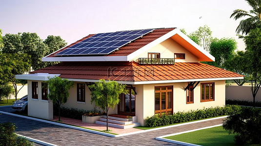 树木背景下屋顶上装有太阳能电池板的房屋的 3D 插图
