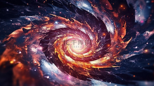 彩色螺旋星系与星空背景混合的 3D 渲染