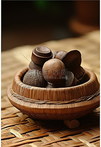 柳条花环背景图片_柳条底座上的一个小木碗