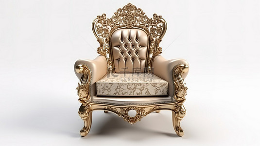宝座背景背景图片_青铜色和米色经典巴洛克式扶手椅宝座，白色背景上引人注目的 3D 渲染