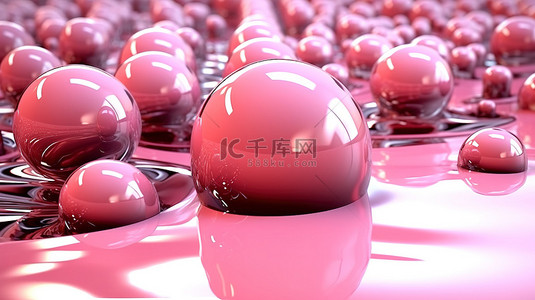 融合粉红色液体球体 3D 渲染的抽象插图