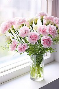 窗外花瓶里的粉色康乃馨