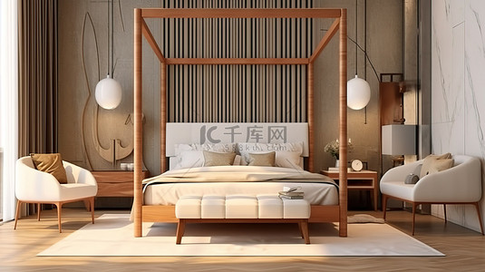 时尚的卧室设计，配有天篷床电视柜别致的椅子和豪华的四张海报木床 3D 渲染