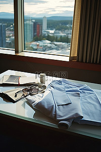 衬衫男士背景图片_酒店房间里靠近城市景观和床的一张男士办公桌