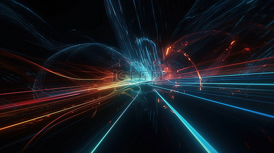 超空间星际旅行黑暗背景上闪烁的霓虹灯和高速光移动线的科幻 3d 渲染
