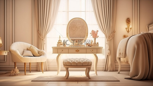 别致优雅背景图片_优雅的卧室组合，配有梳妆台双人椅子和经典风格的别致台灯，以 3D 呈现
