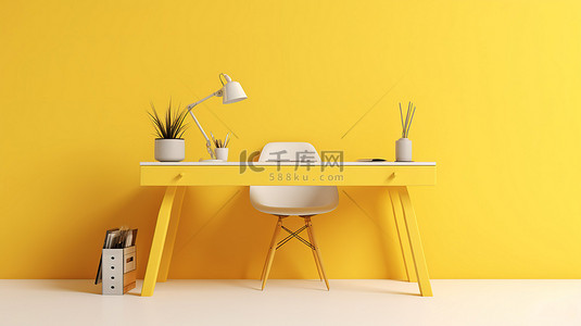 简约的单色办公桌，带有柔和的黄色触摸侧视图，显示 3D 渲染中的成功交易者