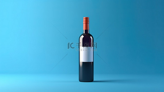 蓝色背景上显示的模型标签隐含广告和饮料概念，3D 渲染中带有空酒瓶