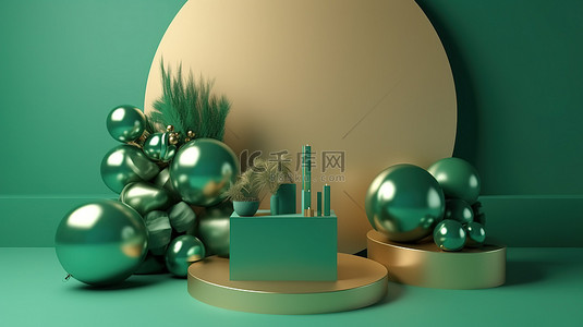 礼物盒礼盒背景图片_3d 工作室金球圆形讲台上的绿色场景双面礼盒和气球