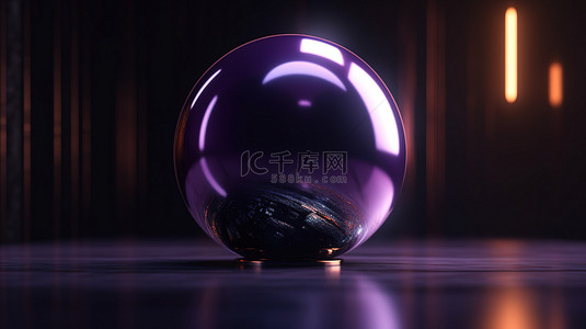 3d 渲染中的发光紫色金属球体放在桌子上