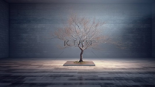 一棵孤独的无叶树矗立在雾蒙蒙的夜晚 3D 插图中光滑的混凝土地面上