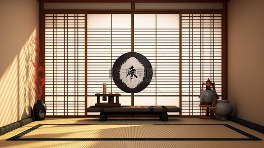 日本房子框架背景图片_日本主题房间，配有武士刀和 3D 可视化框架