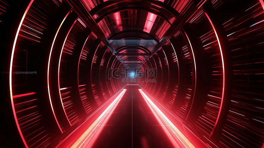 3d 科幻和技术背景中红光轨迹照亮的金属隧道