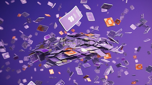 紫色背景上带有浮动硬币的信用卡和钞票的无现金时代插图