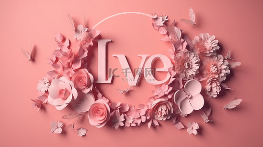 爱心叶子背景图片_纸花和叶子爱在 3d 渲染粉红色背景