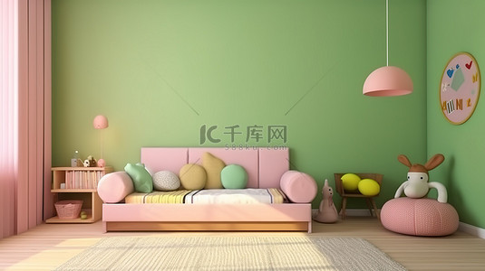 绿色的女孩背景图片_充满活力的儿童卧室的 3D 渲染，配有一张大粉红色床 aldohin 和开心果色的墙壁