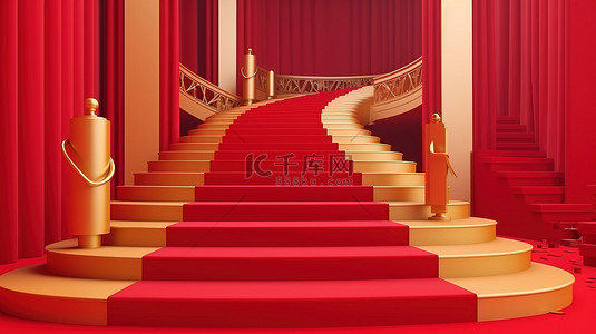 金色的 tiktok 标志在铺有红地毯的楼梯的讲台上闪耀
