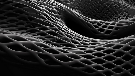 灰色背景上带有黑色扭曲网格的 3D 渲染抽象插图的特写