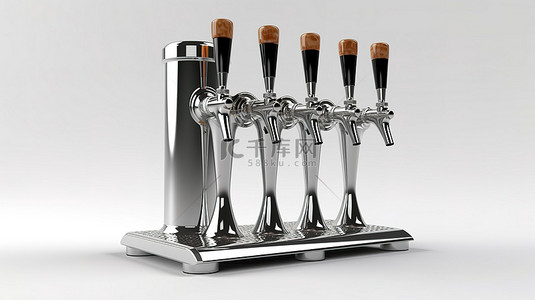 物品啤酒背景图片_带分配器和手柄的白色五水龙头啤酒塔上隔离泵的 3D 渲染