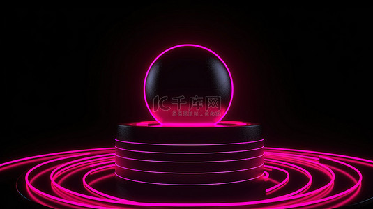 充满活力的霓虹粉红色背景，黑色基座上有 LED 圆线，周围环绕着黑色球体 3D 渲染